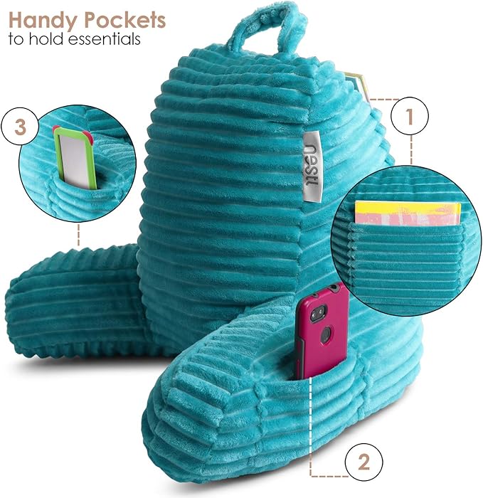 Nestl Reading Pillow with Portable Lap Desk Stand for Laptop 19x11”, Cut Plush Striped Back Pillow, Back Support Pillow, Shredded Memory Foam Bed Rest Pillow with Arms for Kids & Teens, Small - Teal