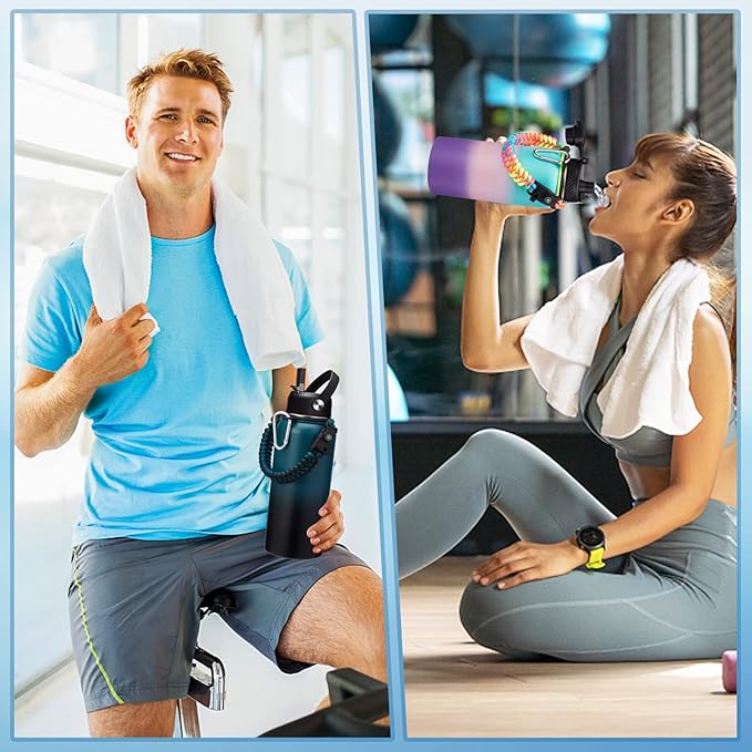 32 40/64/128 oz Flask Water Bottles Insulated - with Straw Auto Spout Lid, Water Bottle Stainless Steel Keep Cold 48H Hot 24H, Metal Water Bottle with Strap, Paracord Handle, Protective Boot