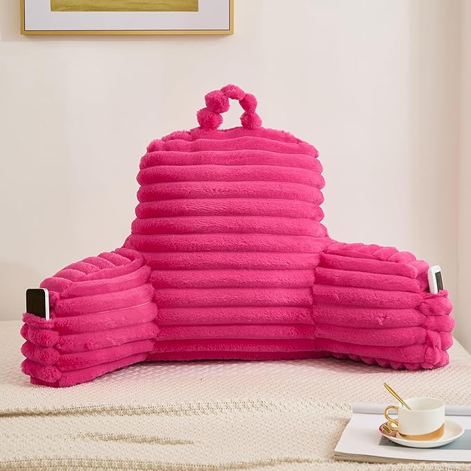 Faux Fur Fluffy Hot Pink Reading Pillow with Pockets, Luxury Striped Plush Decorative, Arm Rests and Back Surport for Bed Rest, Lounging on sofa, Standard