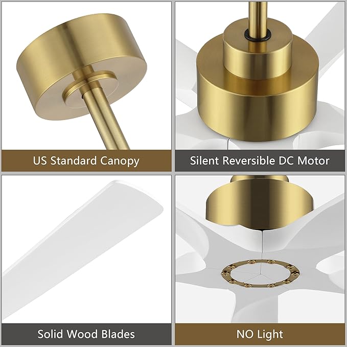 60 Inch Modern Ceiling Fan without Light, 5 Solid Wood Blades 6-Speed Noiseless Reversible DC Motor, Ceiling Fan with Remote Control for Bedroom Living Room, White Gold Finish