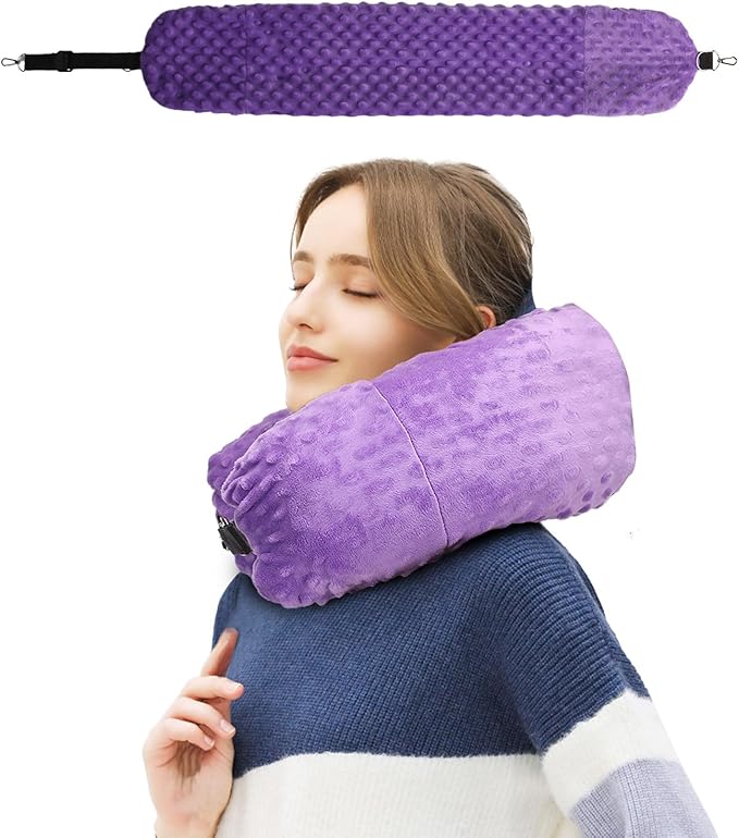 Stuffable Travel Pillow for Extra Luggage, Travel Neck Pillow Stuffable with Clothes, Stuffable Neck Pillow for Travel, Velvet Travel Neck Pillow Storage Bag, Fillable Luggage Pillow (Purple)