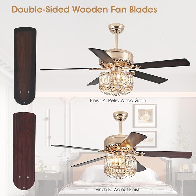 Chandelier Ceiling Fans with Lights - 52 Inch Modern Farmhouse Fandelier Ceiling Fan with Remote, Crystal Ceiling Fan Light for Bedroom Living Dining Room, Dual Finish Wooden Blades, Gold