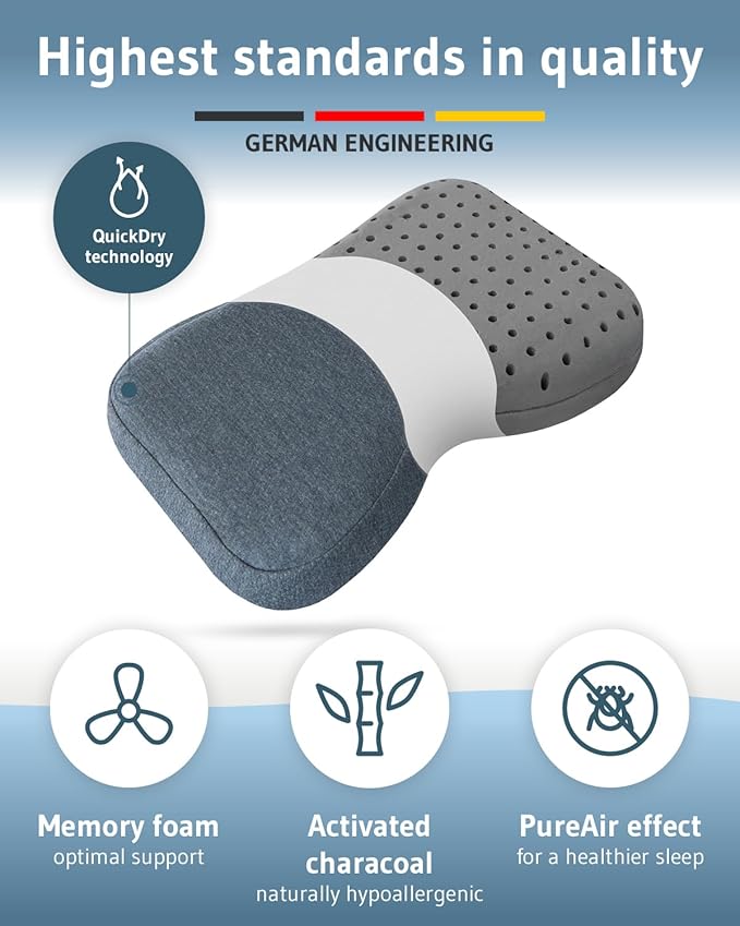 Cervical Pillow NuMOON Quickdry | Memory Foam with Bamboo Charcoal | Quick Drying Thermic Cover | Back & Side Sleepers Pillow for Adults | Ergonomic Bed Pillow for Shoulder and Neck Pain Relief