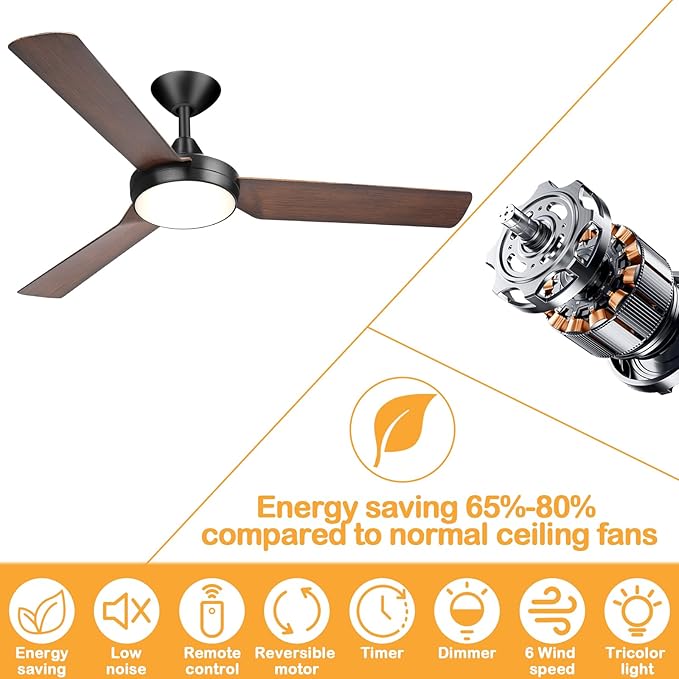 Ceiling fan with lights, 52 inches, color adjustable with remote control, no noise, reverse flow energy saving, modern design