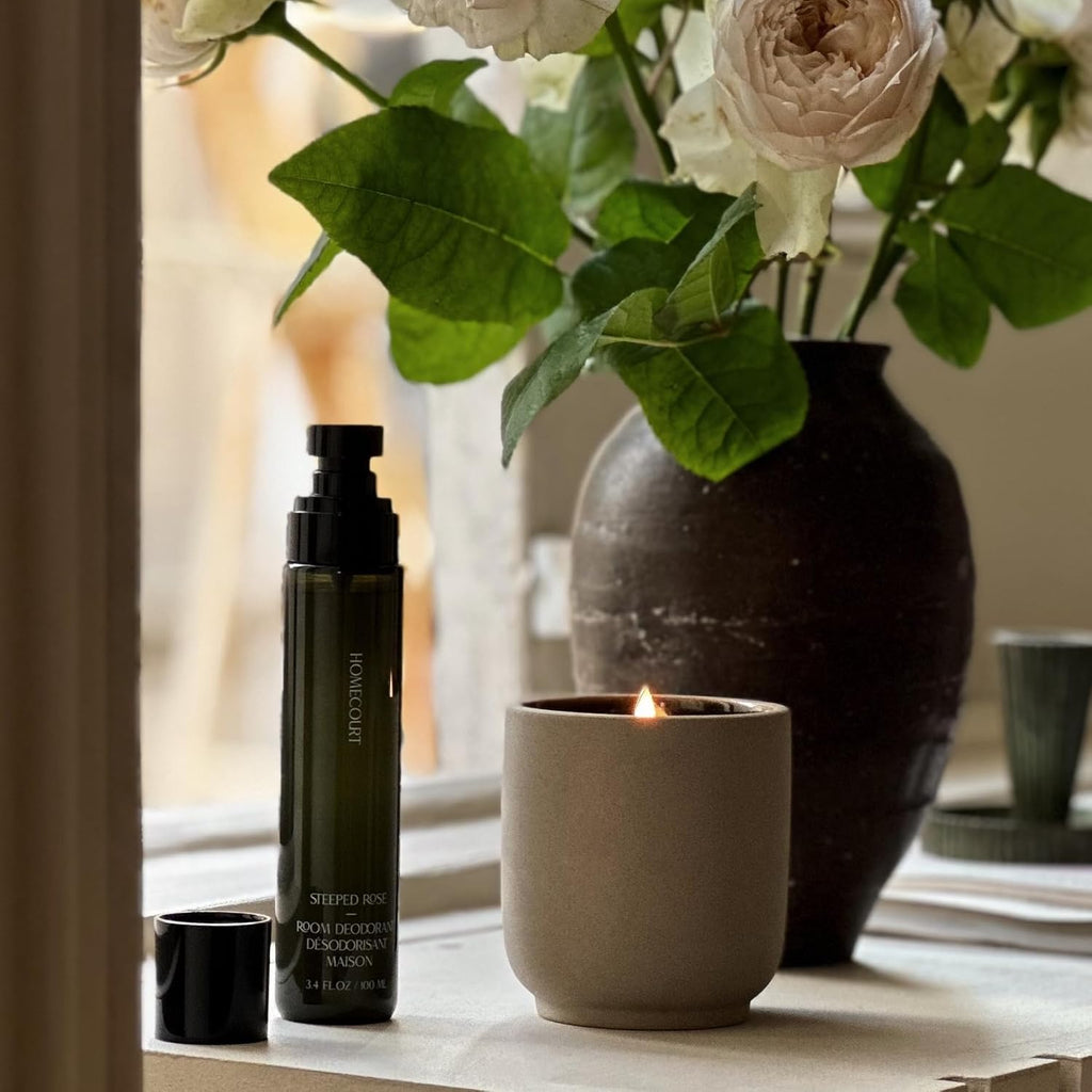 Homecourt Luxury Scented Candle, 60-Hour Burn Time, Soy Wax Blend & Organic Cotton Wick, Kiln-Fired Reusable Ceramic Vessel, Steeped Rose, 8 oz