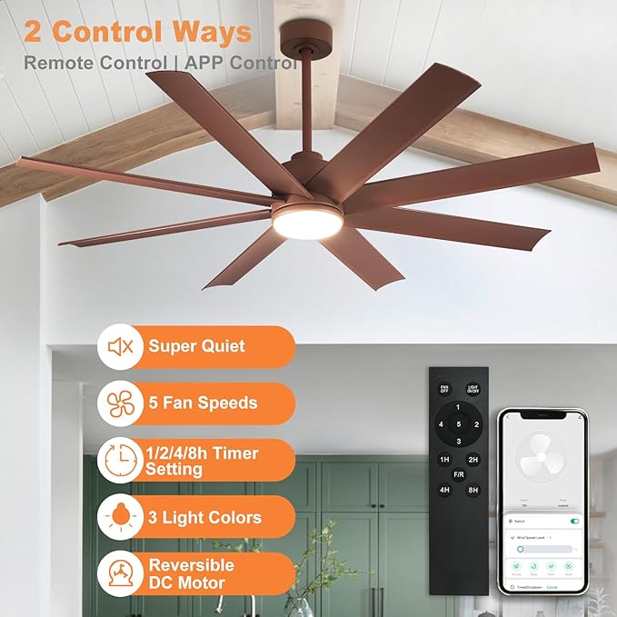 Depuley 60" Reversible Modern LED Ceiling Fan, 3 CCT Dimmable Ceiling Fans with Lights, Ceiling Fan with Remote and APP Control for Bedroom Living Room Dining Room Indoor or Outdoor Patio Brown