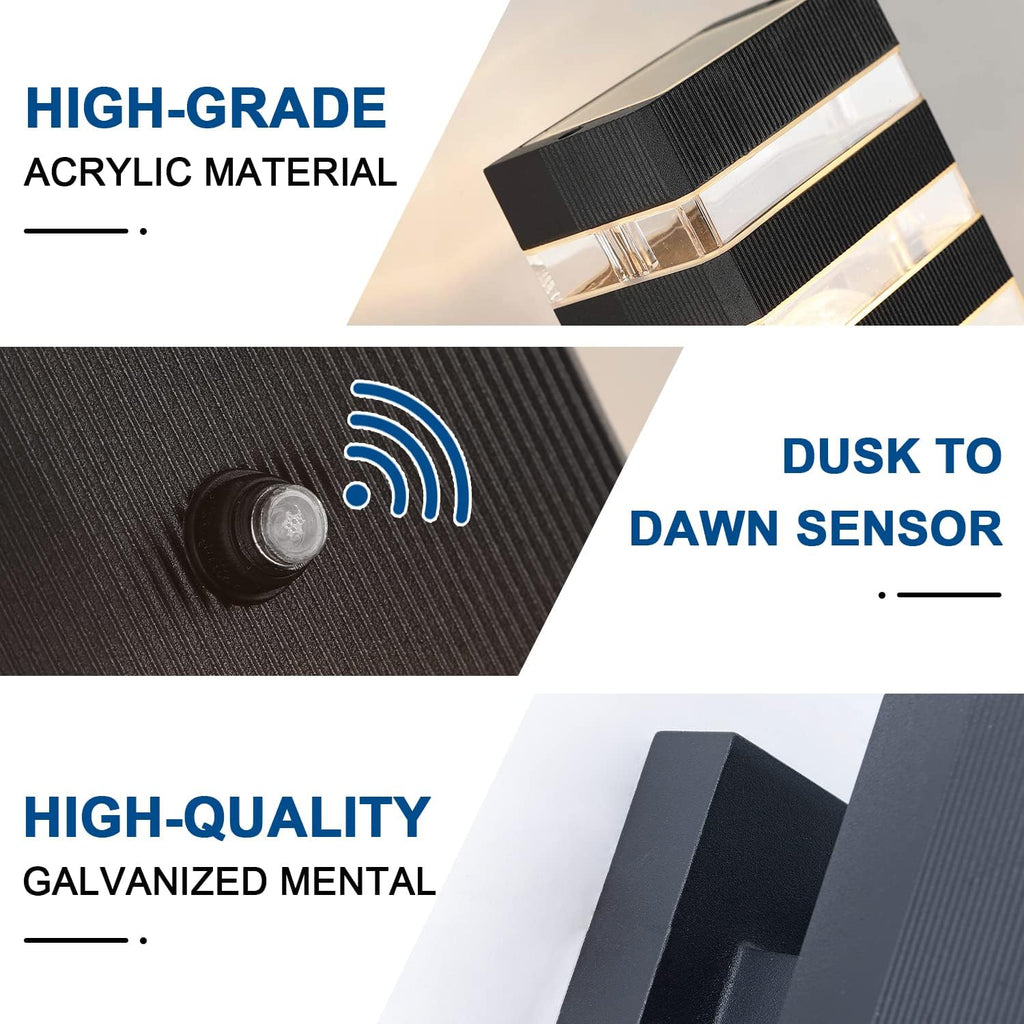 2PK Dusk to Dawn Sensor Outdoor Wall Lights Up Down Porch Lights Modern Exterior Light Fixtures Photocell Waterproof Black Aluminum Housing for Front Porch, Patio, Garage (Use Two E26 Bulbs)