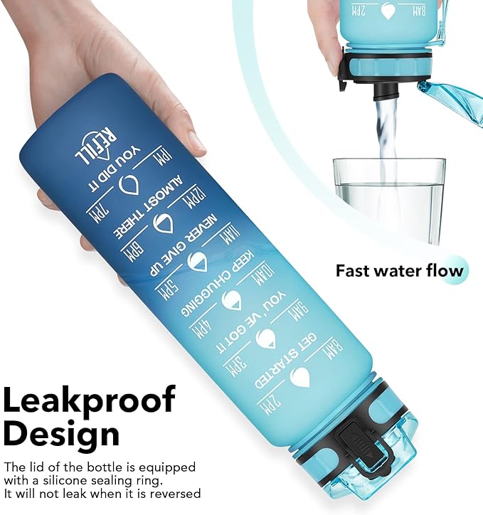 32oz Motivational Water Bottle with Time Marker & Fruit Strainer, Leak-proof BPA Free Non-Toxic 1l Bottle with Carrying Strap, Perfect for Fitness, Gym and Outdoor Sports (Ombre: Blue Waves)