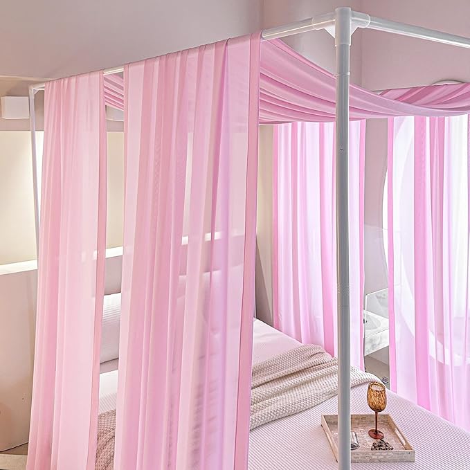 AIKASY Pink Bed Canopy Scarf for King - Luxury Sheer Canopy Bed Curtains with Light - Suitable for Four-Poster Bed, Metal Bed Frame, Wood Bed Frame -2pic