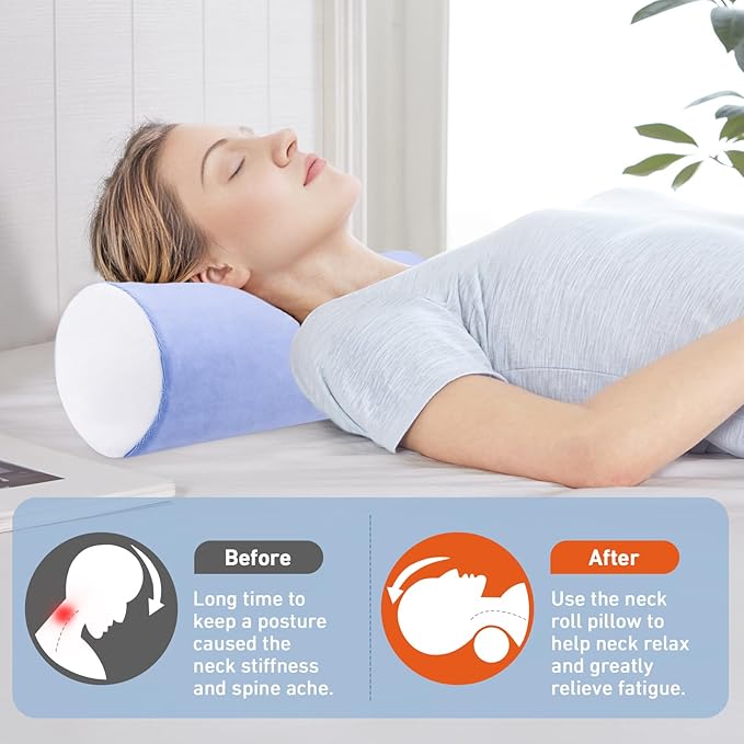 Neck Roll Pillow for Sleeping - 16 x 6.3 Inch Memory Foam Cervical Neck Pillow with Removable Cover - Multifunctional Bolster Pillow for Bed, Couch, Office, Yoga, and Travel (Blue White)