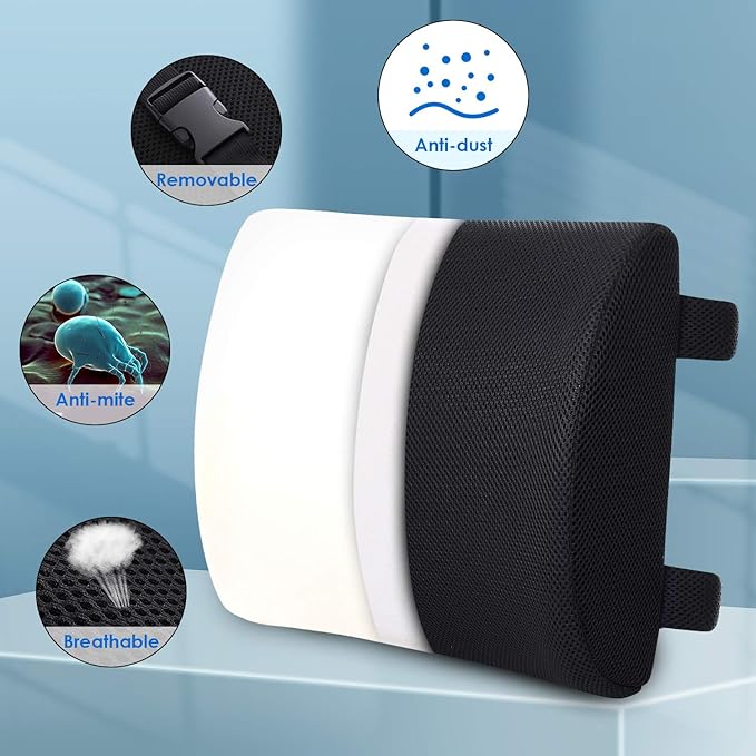 CompuClever Lumbar Support Pillow for Office Chair/Car, Memory Foam Back Cushion Pain Relief and Improve Posture, Lower Back Pillow for Gaming and Desk Chair, Couch, Adjustable Straps