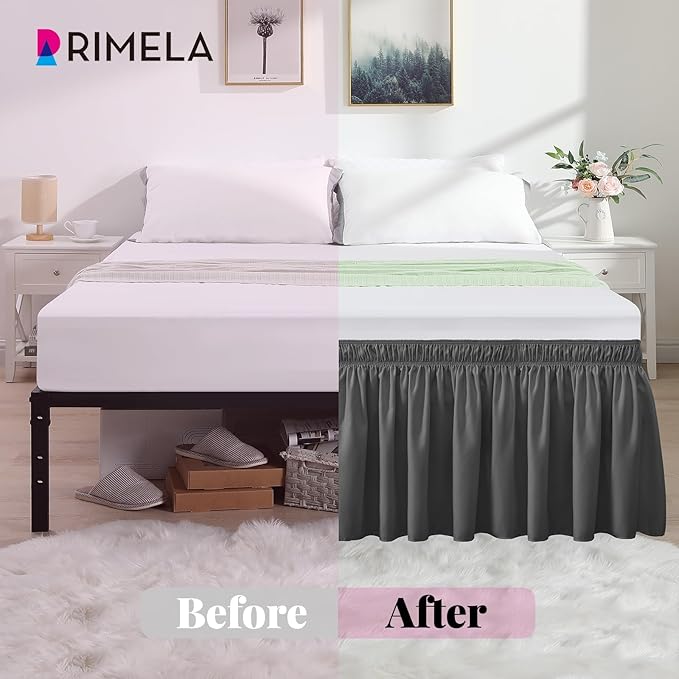 RIMELA Bed Skirting Queen Size Dark Grey Bed Skirt 18 Inch Drop, Wrap Around Elastic Adjustable Bedskirt, Dust Ruffle for Bed Frame & Box Spring Soft Durable Fabric Machine Washable Easy to Install