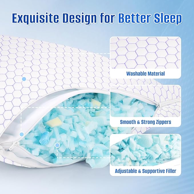 Shredded Foam Pillow for Sleeping, Cooling Bed Pillows Set of 2, Adjustable Pillows for Side, Back, Stomach Sleepers with Washable Pillowcase (Standard Size, Purple)