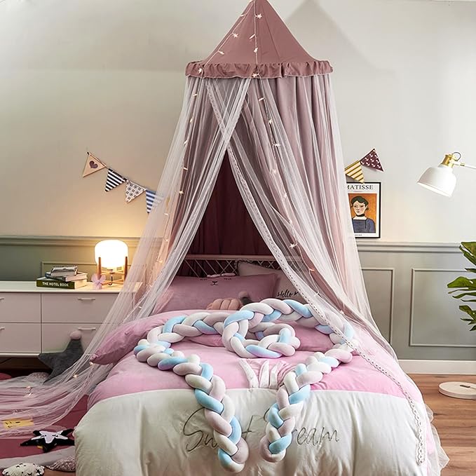 VETHIN Bed Canopy for Kids with Lights,Double Layer Princess Round Dome Children Dreamy Mosquito Net Bedding Girls Room Castle Play Tent Hanging House Decor Reading Nook Canopies(Jujube Red/White)