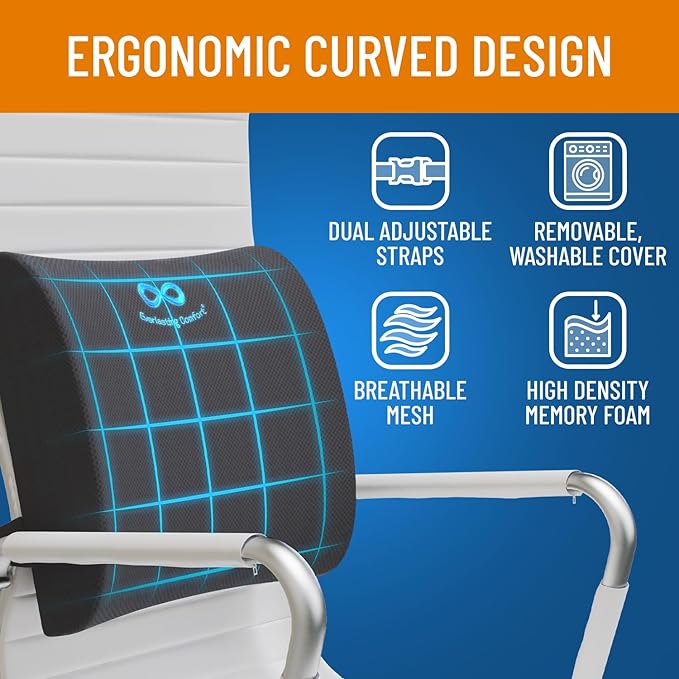 Everlasting Comfort Lumbar Support Pillow for Office Chair - Memory Foam Back Cushion for Chair, Car, Couch - Lumbar Pillow Promotes Better Posture, Back Pain Relief - Ideal for Gaming and Desk Chairs