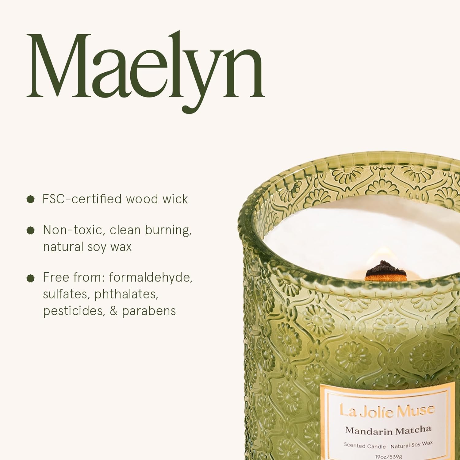 LA JOLIE MUSE Mandarin Matcha Candle - Bergamot, Matcha, Cedarwood | 19 oz Large Wooden Wick Candles | Natural Soy Wax | 90 Hours Clean Burn | Fresh Citrus Candle | Gift-Ready for Hosts