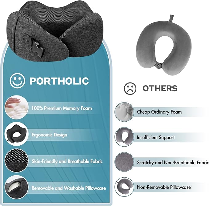 PORTHOLIC 2024 Upgraded Travel Neck Pillow with Buckle,100% Pure Memory Foam Travel Neck Pillow for Airplane Travel Flight Headrest Sleep, Portable Plane Accessories(Dark Grey)