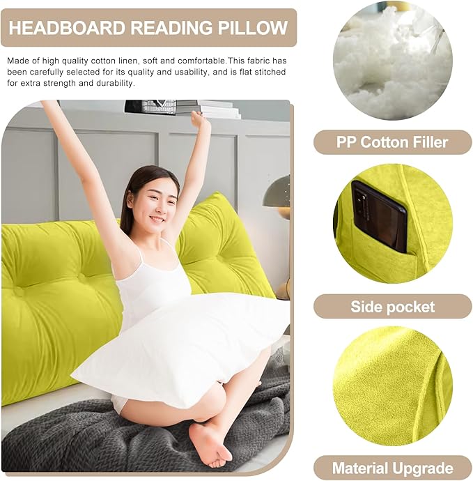 Large Triangular Headboard Pillows Long Backrest Positioning Support Bolster Cushion for Daybed Fluffy Quality Plush Body Wedge Pillow with Removable Cover(Yellow Green-24x8x20in)