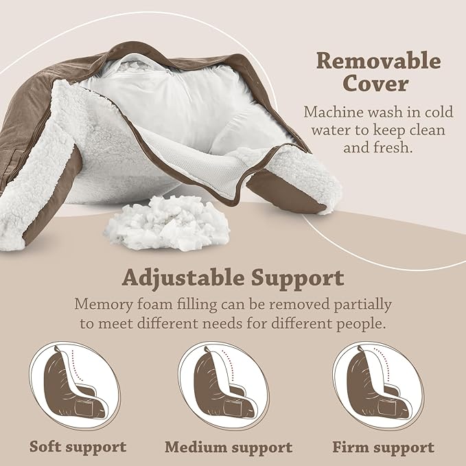 LOVTEX Reading Pillow with Removable Cover, Back Pillow for Sitting Up in Bed with Arms and Pockets, Sherpa Bed Rest Pillow Adult, 20 x 15 Inches(Brown and White)