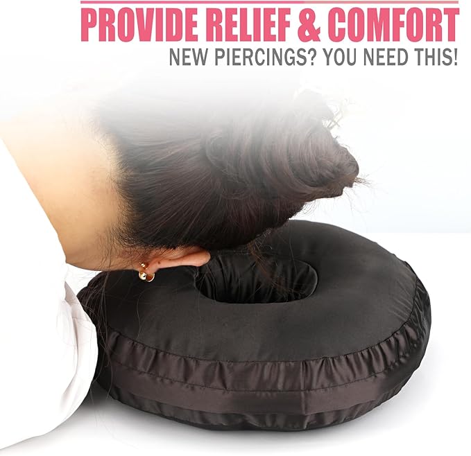 Satin Ear Piercing Pillow Removable Cover Luxury Cnh Pillow with Ear Holes for Ear Pain Side Sleepers Washable Large Donut Pillows Head Neck Support Black
