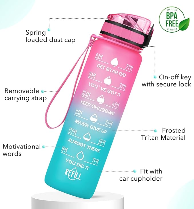 32oz Motivational Water Bottle with Time Marker & Fruit Strainer, Leak-proof BPA Free Non-Toxic 1l Bottle with Carrying Strap, Perfect for Fitness, Gym and Outdoor Sports (Ombre: Sorbet)