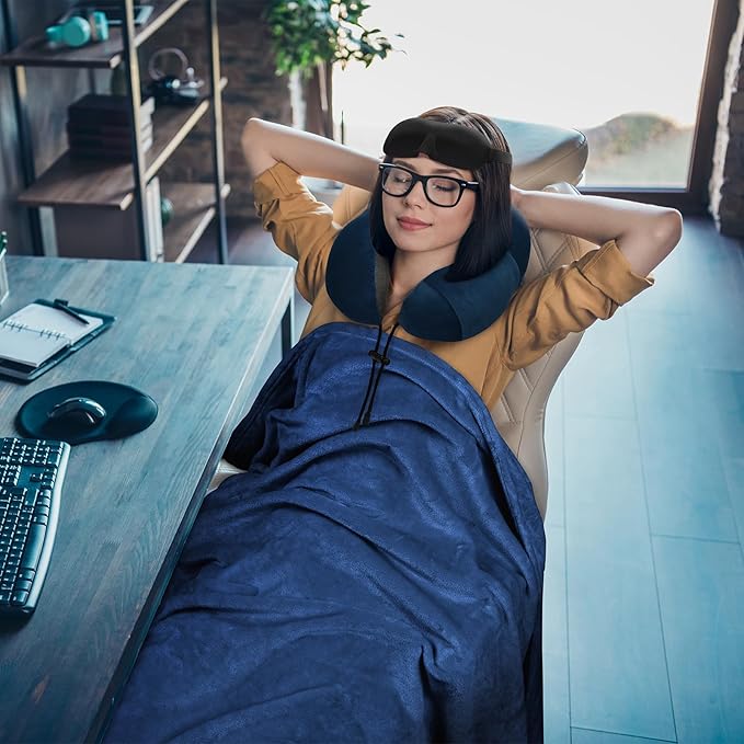 Travel Pillow and Blanket Set Neck Pillows Travel Essentials with Sleep Mask for Airplane Car Memory Foam Blue