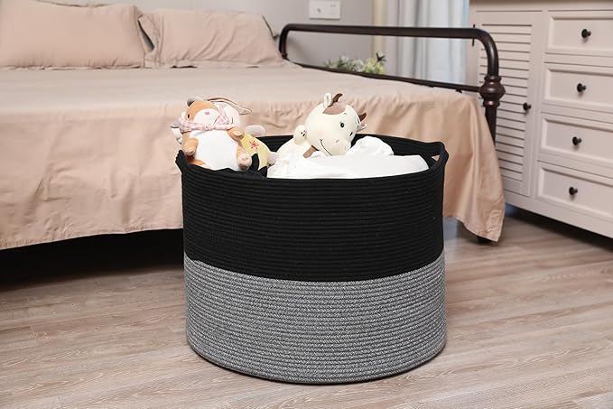 24" x 24" x 17" Max Size Large Cotton Rope Basket, Extra Large Storage Basket, Woven Laundry Hamper, Cloth Storage Bin, for Blankets Clothes Towels Pillows in Living Room, Black/Grey Mix