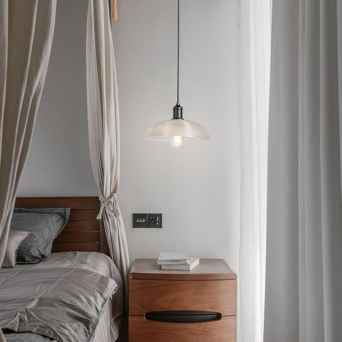 Glass Pendant Light Fixtures - Vintage Pendant Lights Kitchen Island, Hanging Light Fixture for Dining Room, Small Pendant Light for Bedrooms, Black Pendant Lights for Bathroom