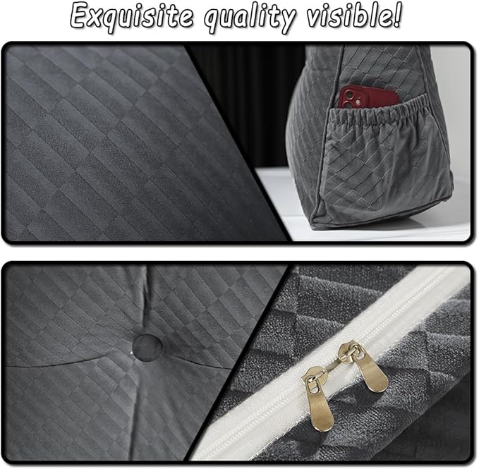 Gradient Velvet Triangular Wedge Pillow, Removable Cover Headboard Pillow for Daybed, Backrest Positioning Support Pillow Cushion Resting Reading Relaxing (Grey, Full(54 * 20 * 8in))
