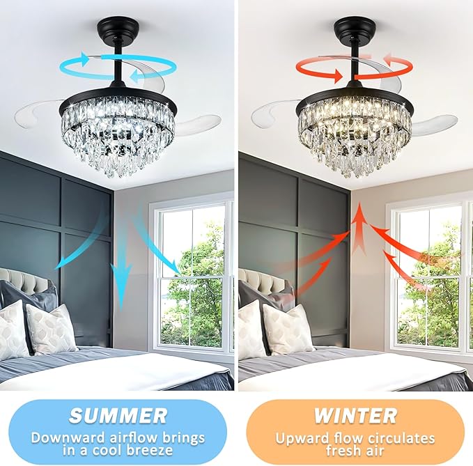 LEONTYNE 36" Modern Crystal Ceiling Fan with Lights and Remote Invisible Retractable LED Dimmable Chandelier Fan 3 Blades 6 Speeds Fandelier for Bedroom Living Room Dining Room (Black)