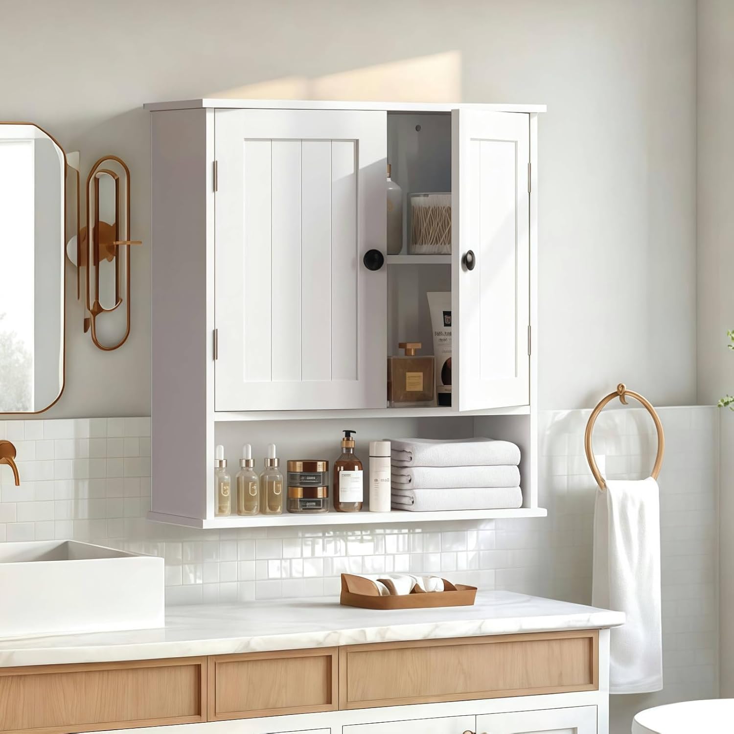 White Bathroom Cabinet Wall-Mounted, Storage Cabinets with Adjustable Shelves, Space-Saving Organizer with 2 Doors for Bathroom, Laundry, Kitchen - Moisture Resistant & Easy Install