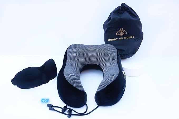 Travel Neck Pillow Memory Foam with Velvet Cover for Relaxing Journeys - Neck Pillow for Airplane,Car,Bus,Train,Comfortably Head Supports, Portable and Washable (Black)