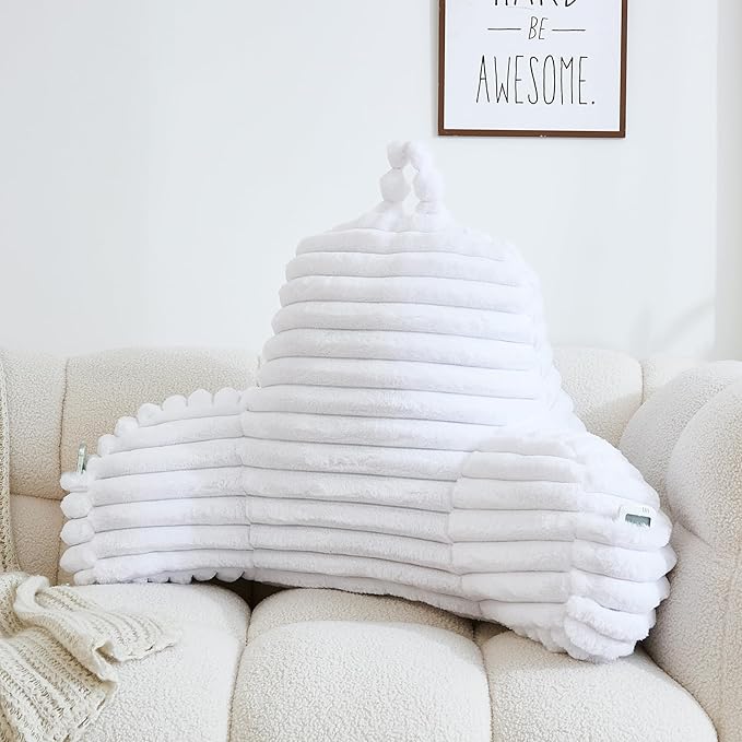 WERDIM Reading Pillow for Sitting in Bed, Faux Fur Back Pillow for Bed Rest, Bed Chair Pillow with Arms and Pockets(Large, White)