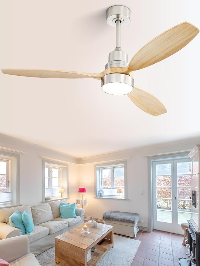 Sofucor 52" Ceiling Fan with Lights Remote Control, 3 Poles for Indoor Outdoor Ceiling Fan with Remote, Wood Ceiling Fan with 3 Color Temperature, Brushed Nickle