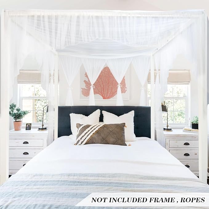 tupi White Canopy Bed Curtains for King/Queen/Full Size, 4 Corner Bed Canopy, Elegant Bed Drapes Bedroom Decor, Ultra Ripstop Polyester, Easy Installation