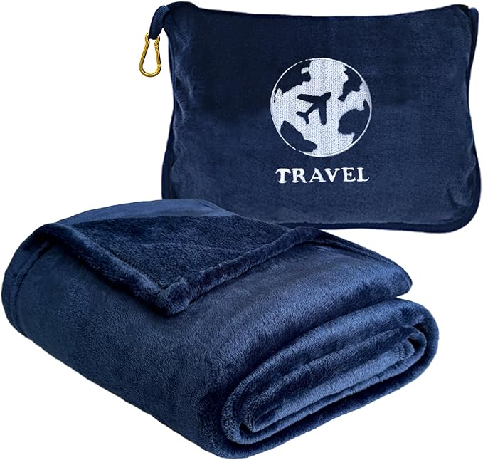 Bnuitland Travel Blanket and Pillow 2 in 1, Soft Flannel Airplane Blanket in Bag Compact-Long Flight Essential for Adults and Kids, Portable Luggage Sleeve and Backpack Clip, 65×40 inch Navy