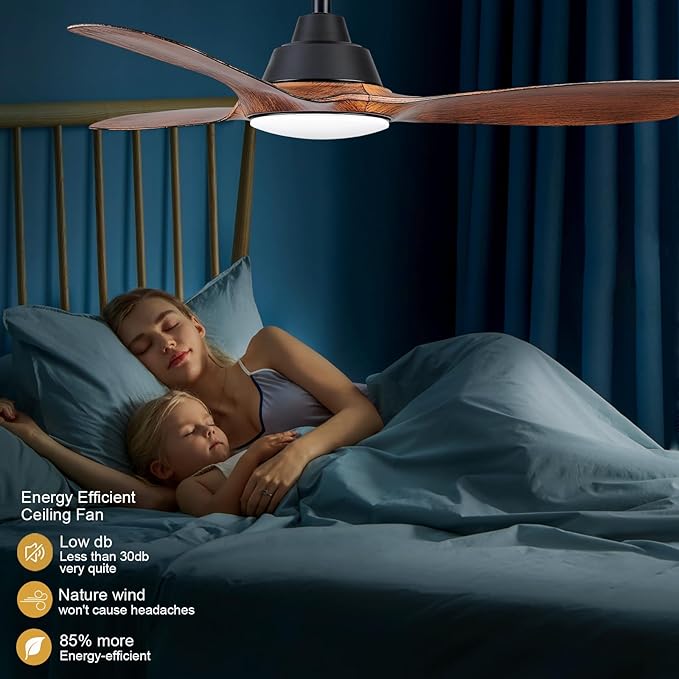 Sevenine Ceiling Fan with Light,Wood Brown Ceiling Fan,3 Blades,Downrod,6 Speed Adjustable,Dimmable LED,3 Timers,Reversible DC Motor, for Patio Living Room Bedroom Dining Room (Wood Brown, 42Inch)