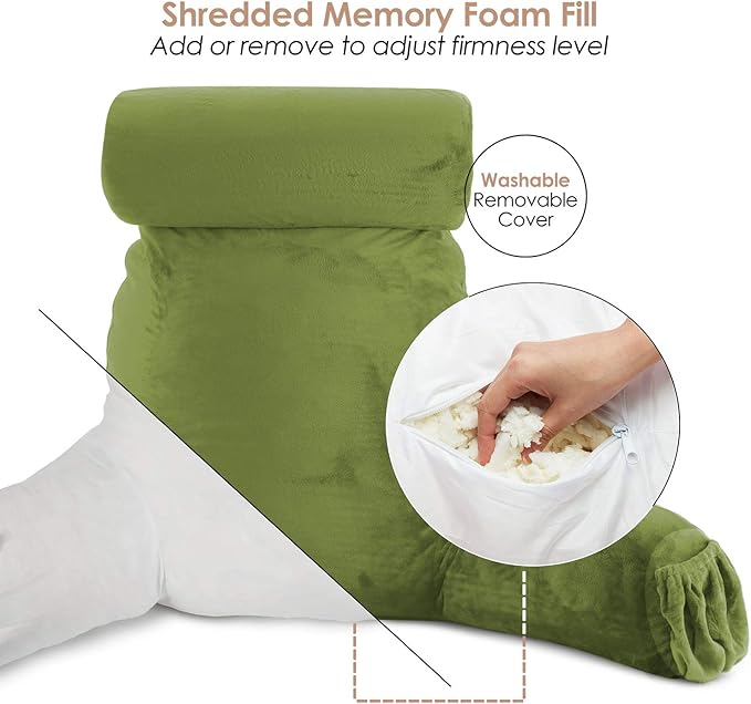 Nestl Reading Pillow Large Bed Pillow, Back Pillow for Sitting in Bed Shredded Memory Foam Chair Pillow, Reading & Bed Rest Pillows Calla Green Back Pillow for Bed, Bed Chair Arm Pillow with Pockets