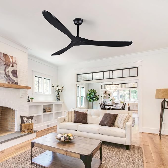 Bigzone 70" Black Ceiling Fan Without Light, 3 Solid Wood Blades, Outdoor Ceiling Fan with Remote, Reversible Motor