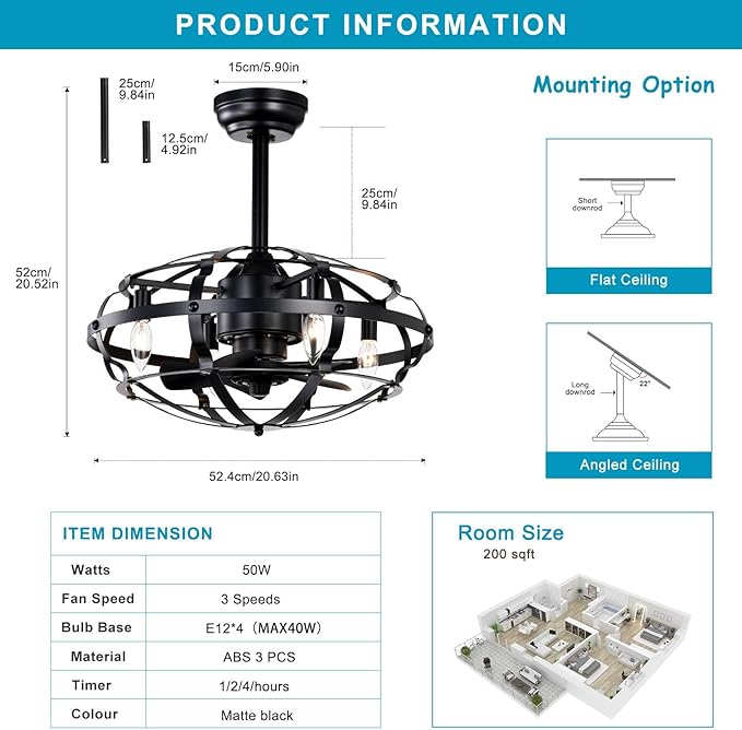 NicBex Ceiling Fan 20 Inch Indoor Industrial Ceiling Fan with Lights Ceiling Fans with 5 Blades and Remote Control Caged Ceiling Fan for Bedroom, Living Room, Black