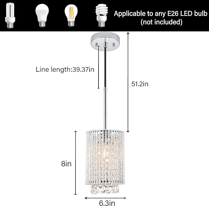 Mini Crystal Pendant Lighting 1 Light Modern Hanging Light Fixtures Small Cylinder Chrome Chandelier for Kitchen Island Dining Room