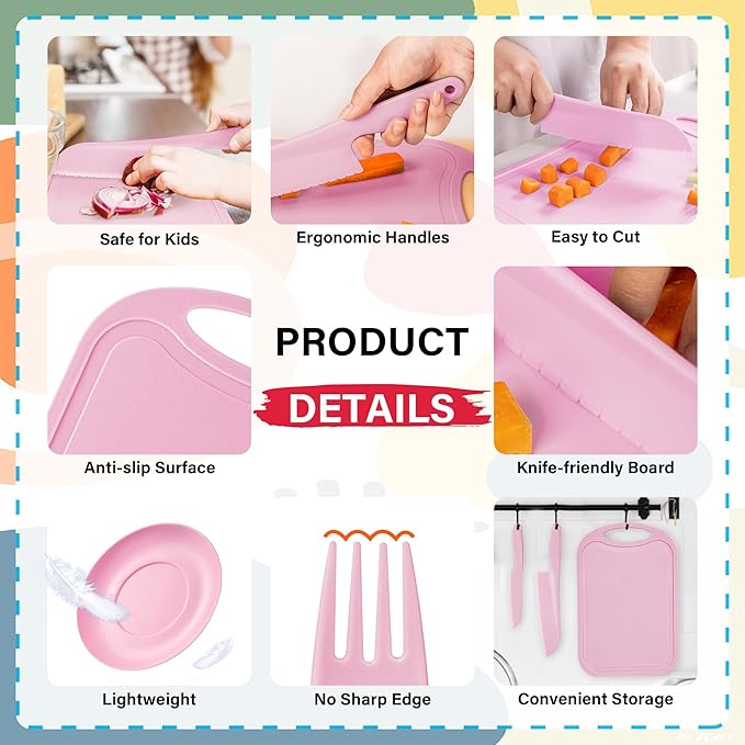 TJ POP Kids Knives for real cooking, Safe Knives Set 6 Pcs for Children, Kids' Baking Supplies with Cutting Board & Dishes, Toddler Knife Good Soft Grips, BPA-Free (Pink)