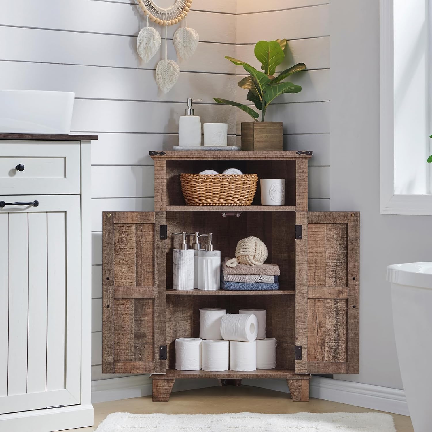 Corner Bathroom Cabinet, Farmhouse Small Corner Cabinet with Barn Door & Adjustable Shelf, Storage Cabinets for Bathroom, Kitchen, Living Room, Rustic Brown