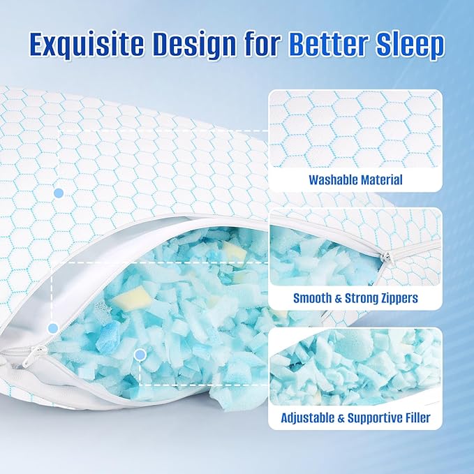 Shredded Memory Foam Pillow for Sleeping, Cooling Bed Pillows Set of 2, Adjustable Pillows for Side, Back, Stomach Sleepers with Washable Pillowcase (Standard Size, Blue)
