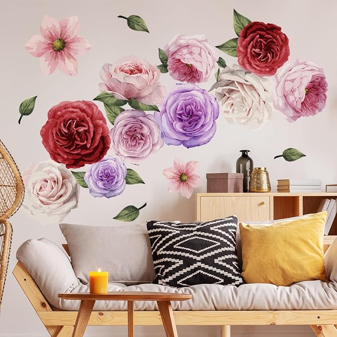 20 Pieces Flowers Wall Decals Vinyl Non-Glue Wall Stickers Removable Floral Wall Murals Self-Adhesive Colorful Flower Wall Decor for Girls Bedroom Living Room Nursery