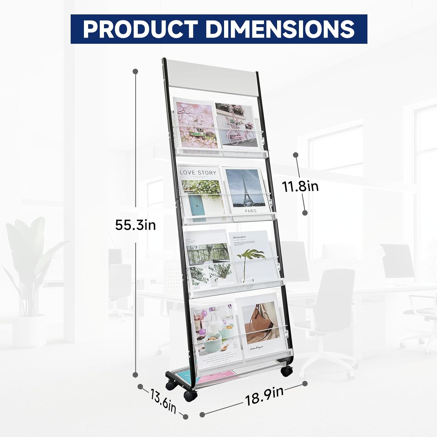 4-Tier Floor-Standing Magazine Rack with Wheels – Perfect Brochure Display Stand for Exhibitions, Offices, and Information Hubs (Black-White)