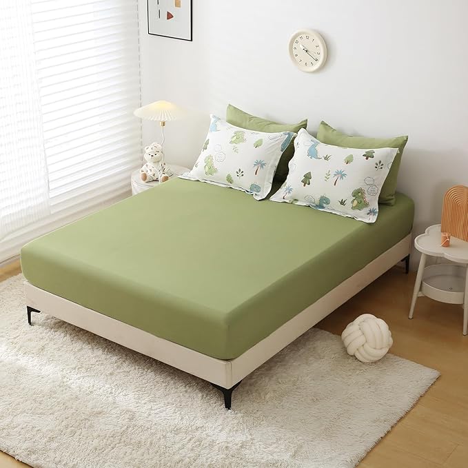 Wajade Kids Dinosaurs Comforter Set Bed in A Bag Full Size 7 Piece Cute Green Dinosaur Jungle Bedding Set for Girls Boys (1 Comforter, 1 Flat Sheet, 1 Fitted Sheet, 2 Pillowcase and 2 Pillow Sham)