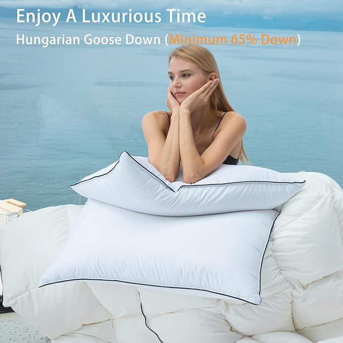 Luxury Hungarian White Goose Down Pillows Queen Size (Pack of 2) - 750 Fill Power - 500 Thread Count 100% Cotton Shell - Soft and Support Down Bed Pillow for Sleeping - Queen (20 x 28”)