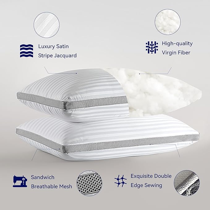 SLEEP ZONE Bed Pillows for Sleeping, Queen Size Set of 2, Sandwich Mesh with Breathable Sides, Premium Soft Pillows for Back, Stomach or Side Sleepers