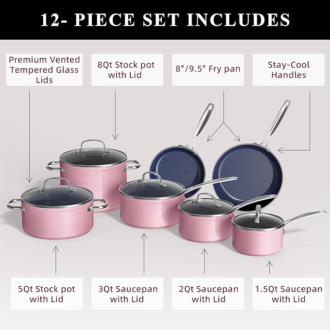 Nuwave Healthy Duralon Blue Ceramic Nonstick Cookware Set, Diamond Infused Scratch-Resistant, PFAS Free, Dishwasher & Oven Safe, Induction Ready & Evenly Heats, Tempered Glass Lids & Stay-Cool Handles